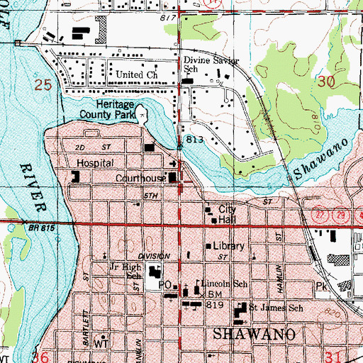 Topographic Map of Shawano Area Fire Department Station 1, WI