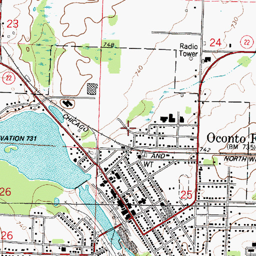 Topographic Map of Oconto Falls Volunteer Fire Department, WI