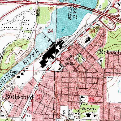Topographic Map of Rothschild Fire Department, WI