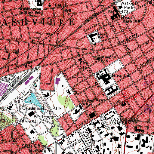 Topographic Map of The Womens Hospital at Centennial Medical Center, TN