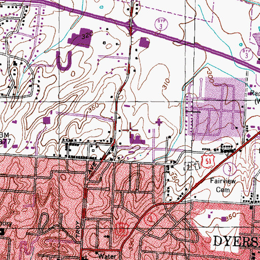 Topographic Map of Dyersburg Regional Emergency Medical Services, TN