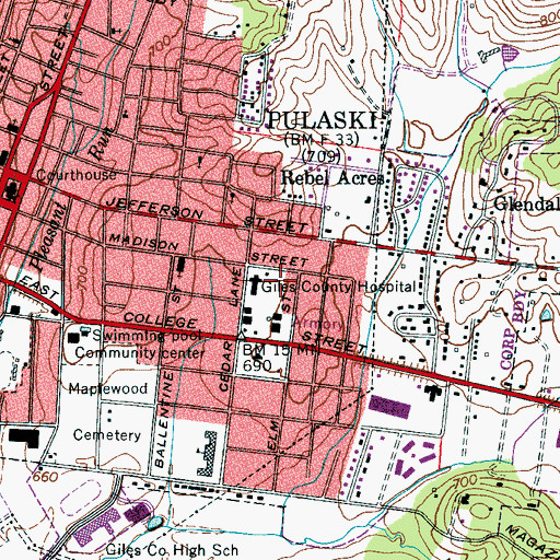 Topographic Map of Giles County Ambulance Service, TN