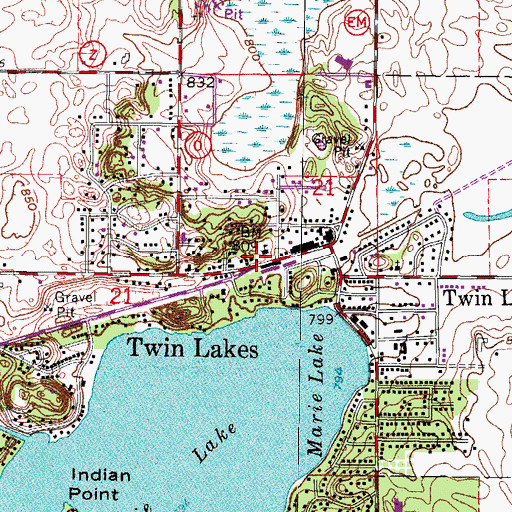 Topographic Map of Twin Lakes Volunteer Fire Department and Rescue Squad, WI