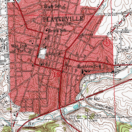 Topographic Map of Platteville Volunteer Fire Department, WI