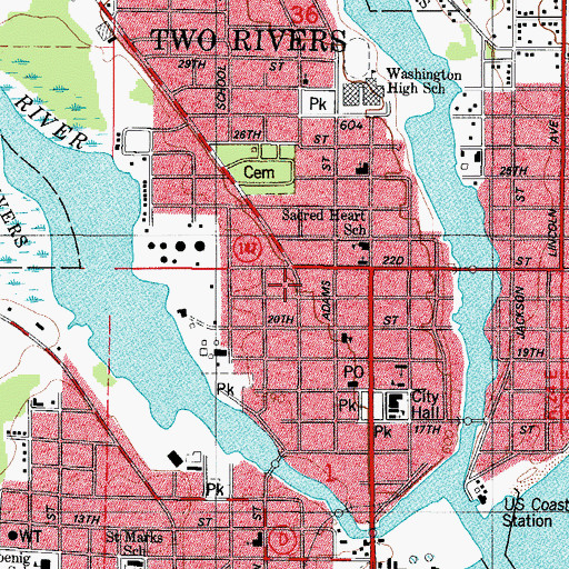 Topographic Map of Two Rivers Fire Department, WI