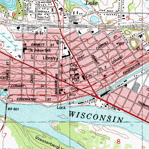 Topographic Map of Portage Fire Department, WI