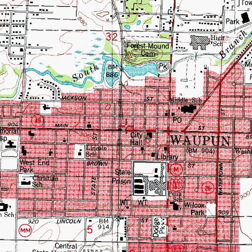 Topographic Map of Waupun Country Fire Department, WI