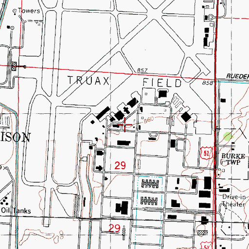 Topographic Map of Truax Fire Department, WI