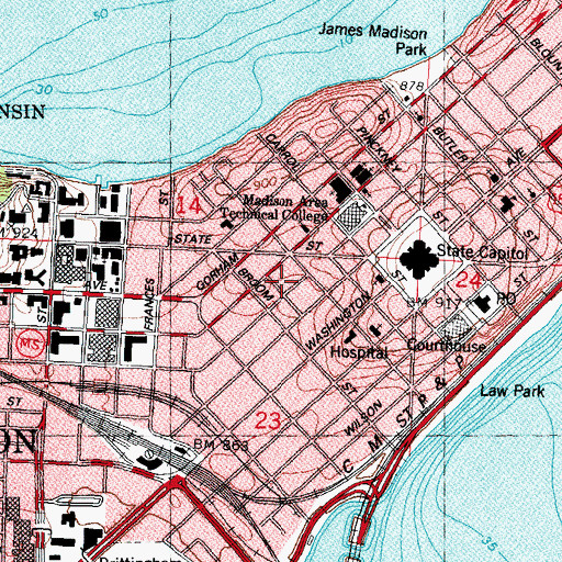 Topographic Map of Madison Fire Department Station 1, WI