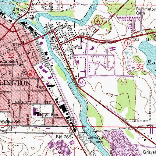 Topographic Map of Burlington Township Volunteer Fire Department, WI