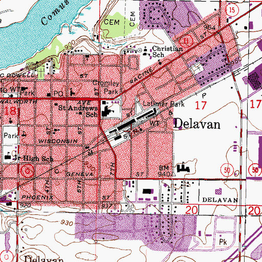Topographic Map of Delavan City Volunteer Fire Department, WI