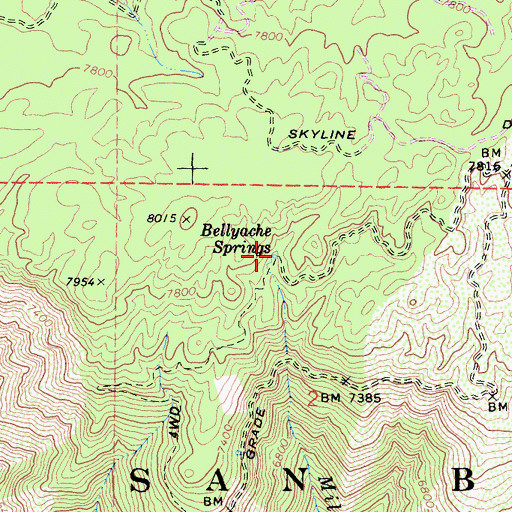 Topographic Map of Bellyache Springs, CA