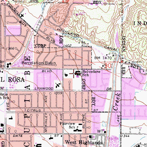 Topographic Map of Belvedere Elementary School, CA