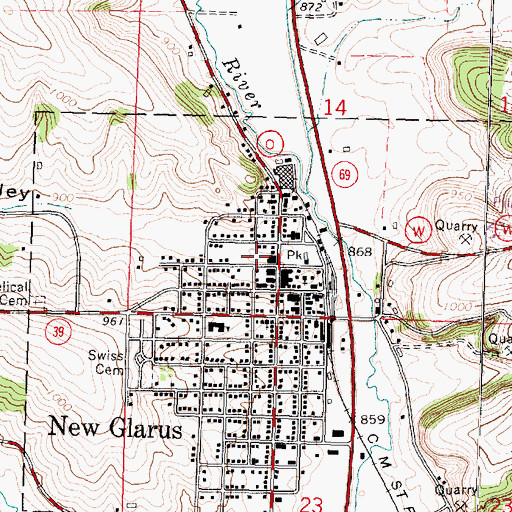 Topographic Map of New Glarus Volunteer Fire Department, WI