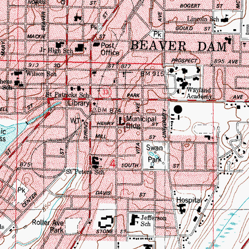 Topographic Map of Beaver Dam Fire and Rescue Department, WI