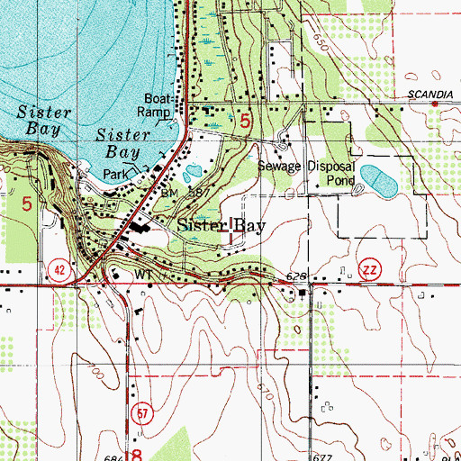 Topographic Map of Sister Bay Liberty Grove Fire Department South Station, WI