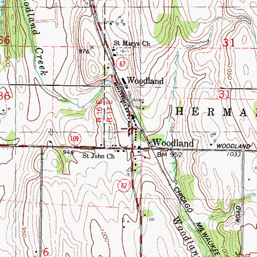 Topographic Map of Woodland Volunteer Fire Department, WI