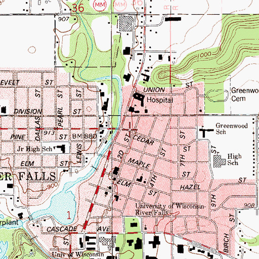 Topographic Map of River Falls Ambulance Services, WI