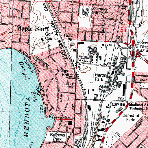 Topographic Map of Blooming - Grove Burke - Maple Bluff Ambulance District, WI