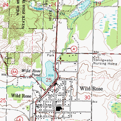 Topographic Map of Wild Rose Community Memorial Hospital, WI