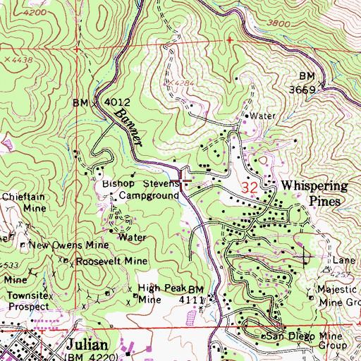 Topographic Map of Bishop Stevens Campground, CA