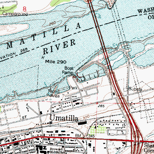 Topographic Map of Umatilla Marina RV Park Boat Ramp, OR