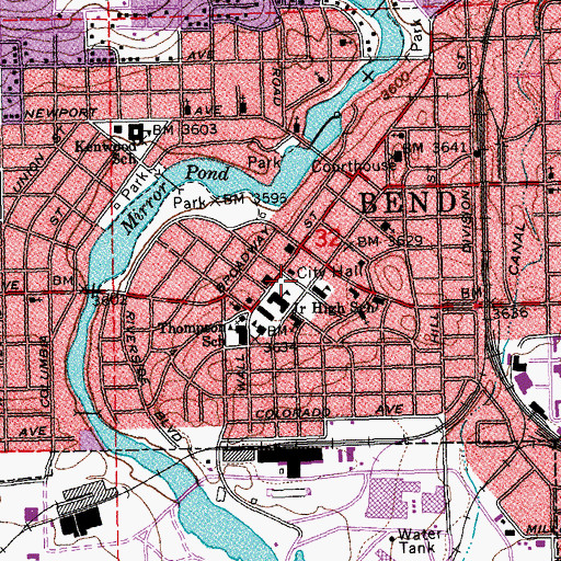 Topographic Map of Bend City Hall, OR
