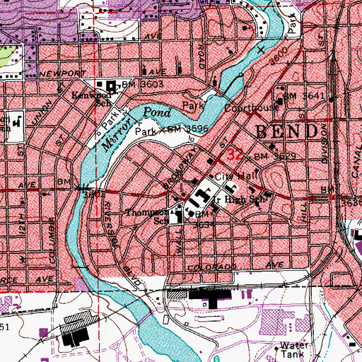 Topographic Map of Downtown Bend Public Library, OR