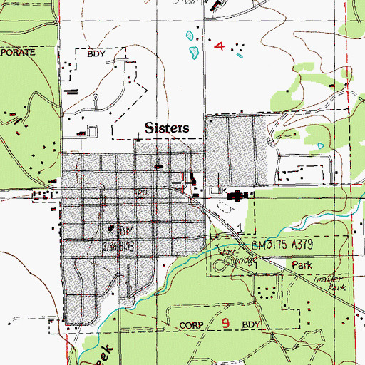 Topographic Map of Sisters City Hall, OR