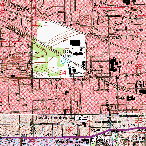 Topographic Map of Gresham City Hall Park and Ride, OR