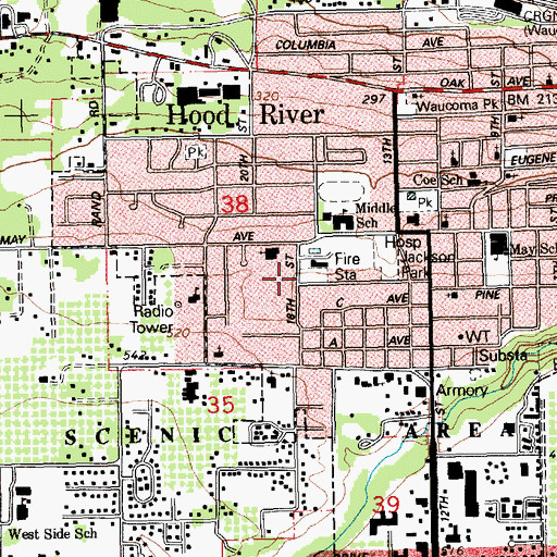 Topographic Map of Hood River Fire Department Heliport, OR
