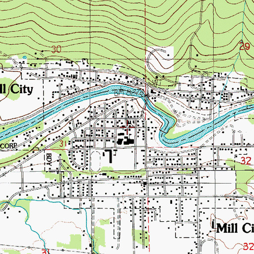 Topographic Map of Mill City Library, OR