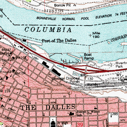 Topographic Map of Port of The Dalles Marina, OR