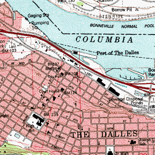 Topographic Map of The Dalles Transportation Network, OR