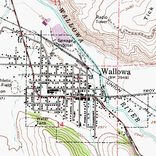 Topographic Map of Wallowa Public Works Department Shop and Office, OR
