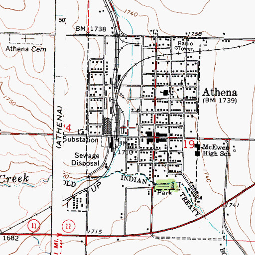 Topographic Map of Athena Public Works Department, OR