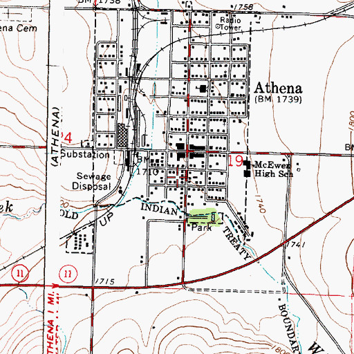 Topographic Map of Athena Municipal Court, OR