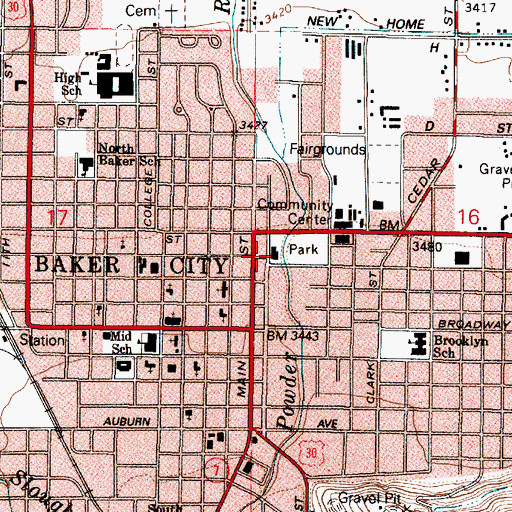 Topographic Map of Baker County Library Baker City Main Branch Library, OR