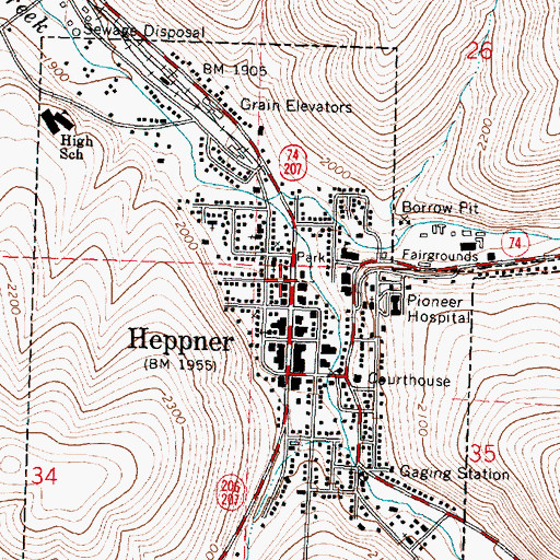 Topographic Map of Oregon Trail Library District Heppner Branch Library, OR