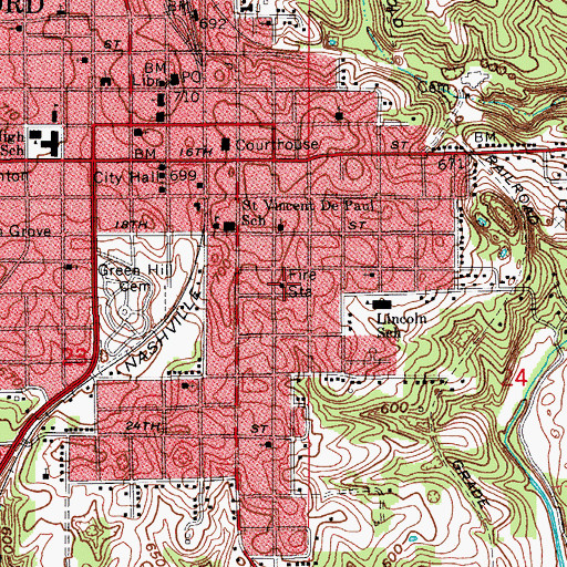 Topographic Map of Bedford Fire Department Central Station, IN