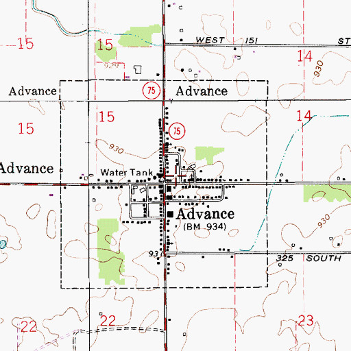 Topographic Map of Advance Volunteer Fire Department, IN