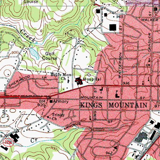 Topographic Map of Kings Mountain Hospital, NC