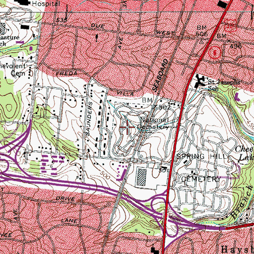 Topographic Map of Nashville National Cemetery, TN