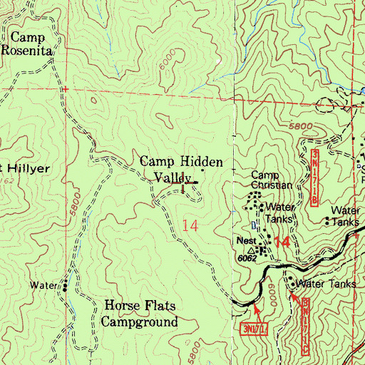 Topographic Map of Camp Hidden Valley, CA