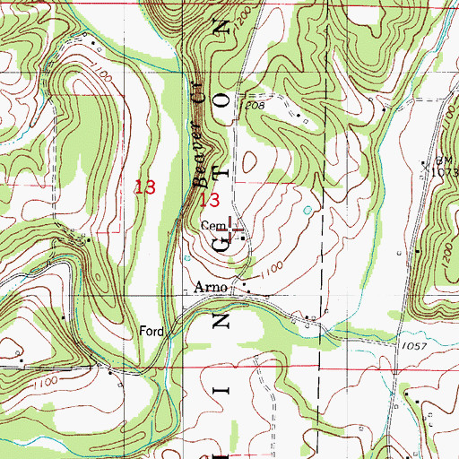 Topographic Map of Arno Cemetery, MO