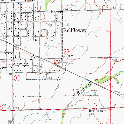 Topographic Map of Bellflower Cemetery, MO