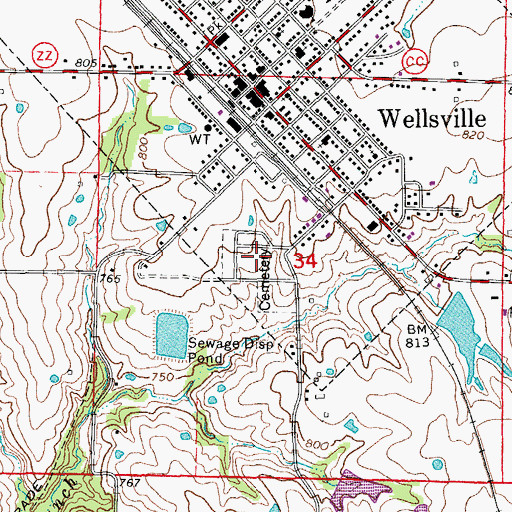 Topographic Map of Wellsville Cemetery, MO