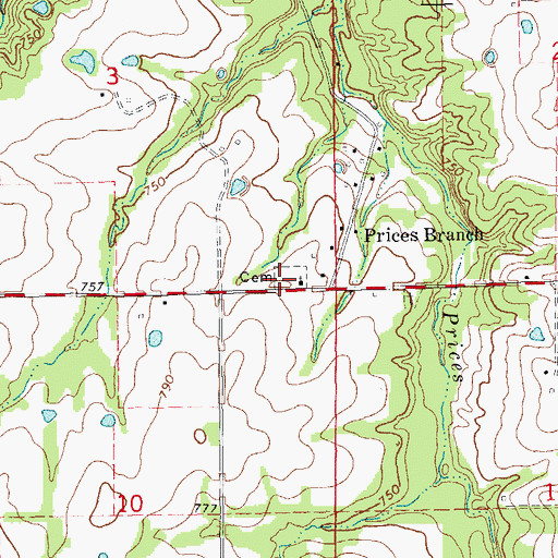 Topographic Map of Prices Branch Cemetery, MO