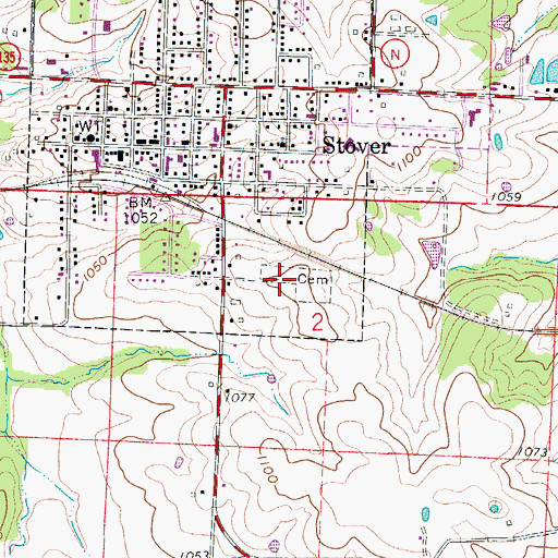 Topographic Map of Stover Cemetery, MO