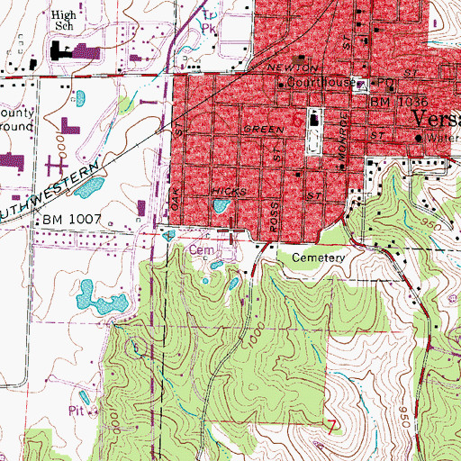 Topographic Map of Versailles City Cemetery, MO